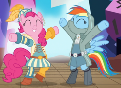 Size: 833x604 | Tagged: safe, screencap, pinkie pie, rainbow dash, earth pony, pegasus, pony, dungeons and discords, g4, bard, bard pie, bipedal, cute, dungeons and dragons, duo, fantasy class, female, mare, ogres and oubliettes, rainbow rogue, rogue