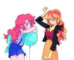 Size: 800x654 | Tagged: safe, artist:dusty-munji, pinkie pie, sunset shimmer, human, equestria girls, g4, balloon, bow, clothes, denim, female, humanized, jacket, leather jacket, lesbian, pony coloring, ship:sunsetpie, shipping, shorts, simple background, skirt, suspenders