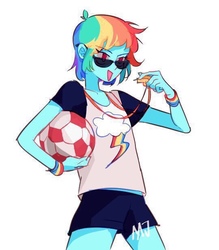 Size: 540x617 | Tagged: safe, artist:dusty-munji, rainbow dash, human, equestria girls, g4, ball, female, humanized, pony coloring, simple background, solo, sunglasses, whistle, whistle necklace