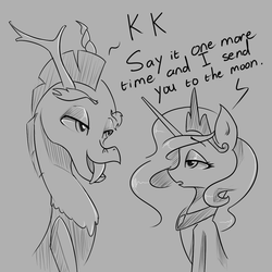 Size: 1000x1000 | Tagged: safe, artist:yuntaoxd, derpibooru exclusive, discord, princess celestia, alicorn, draconequus, pony, dungeons and discords, g4, cay-cay, crown, dialogue, female, gray background, grayscale, jewelry, lidded eyes, mare, monochrome, profile, regalia, simple background, to the moon, wingless