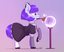 Size: 1616x1306 | Tagged: safe, artist:dsp2003, oc, oc only, oc:brim, acme, castle, clothes, cloud, crystal ball, female, heart, heart eyes, maid, stars, wingding eyes