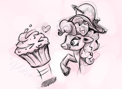 Size: 1006x738 | Tagged: artist needed, source needed, safe, pinkie pie, g4, food, monochrome, muffin, sketch, traditional art