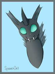 Size: 1024x1365 | Tagged: safe, artist:sparklyon3, thorax, changeling, rcf community, g4, the times they are a changeling, bust, fangs, male, quadrupedal, signature, smiling, solo