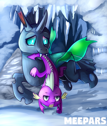Size: 1024x1210 | Tagged: safe, artist:meepars, spike, thorax, changeling, g4, the times they are a changeling, mouth hold, smiling