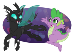 Size: 1514x1088 | Tagged: safe, artist:overgrandmapowerlord, spike, thorax, changeling, g4, the times they are a changeling, happy, smiling