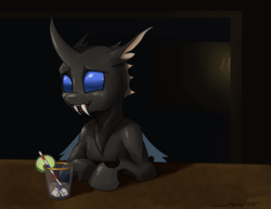Size: 1295x1000 | Tagged: safe, artist:shikogo, oc, oc only, oc:spectre, changeling, alcohol, bar, drink, open mouth, solo