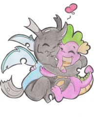 Size: 1140x1461 | Tagged: safe, artist:thorinstrawberry, spike, thorax, changeling, g4, the times they are a changeling, cuddling, cute, gay, heart, hug, male, ship:thoraxspike, shipping, snuggling, traditional art