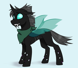 Size: 1024x892 | Tagged: safe, artist:pucykforevar, thorax, changeling, g4, the times they are a changeling, bandana, cute, fangs, floppy ears, grin, looking at you, male, neckerchief, simple background, smiling, solo