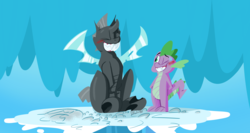 Size: 3772x2000 | Tagged: safe, artist:d-jayjesse, spike, thorax, changeling, g4, my little pony: friendship is magic, the times they are a changeling, blushing, grin, high res, sitting, smiling