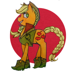 Size: 700x686 | Tagged: safe, artist:blu-red, applejack, earth pony, pony, g4, boots, braid, braided tail, clothes, crossed legs, cutie mark, female, hair tie, hat, simple background, smiling, solo, vest