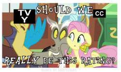 Size: 1078x639 | Tagged: safe, edit, edited screencap, screencap, discord, fluttershy, dungeons and discords, g4, my little pony: friendship is magic, caption, drama, image macro, meme, television logo joke, tv rating, tv-y