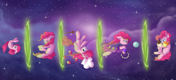 Size: 2300x1049 | Tagged: safe, artist:vanillaghosties, pinkie pie, pound cake, pumpkin cake, earth pony, pegasus, pony, unicorn, friendship is witchcraft, g4, filly, gypsy pie, pinkamena diane pie