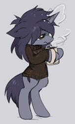 Size: 502x825 | Tagged: dead source, safe, artist:hioshiru, oc, oc only, oc:kate, pony, unicorn, bipedal, clothes, coffee, cup, mug, solo, sweater