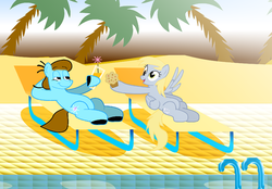 Size: 800x558 | Tagged: safe, artist:lars99, derpy hooves, oc, pegasus, pony, g4, beach, duo, female, mare