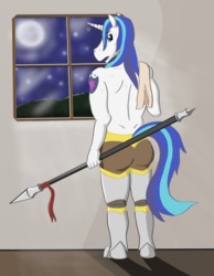 Size: 1400x1800 | Tagged: safe, artist:duskytheuniqueer, shining armor, anthro, g4, clothes, male, solo, spear, topless, weapon