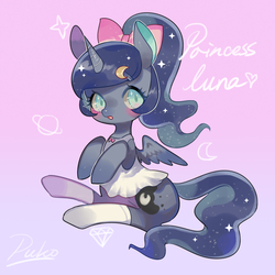 Size: 2000x2000 | Tagged: safe, artist:puzi, princess luna, g4, :o, alternate hairstyle, blushing, clothes, dress, female, hair bow, high res, ponytail, sitting, socks, solo