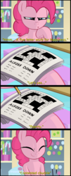 Size: 2540x6280 | Tagged: safe, artist:january3rd, pinkie pie, earth pony, pony, g4, book, comic, crossword puzzle, female, grin, happy, high res, hoof hold, mare, pencil, smiling, solo, spongebob squarepants, subtitles, your shoe's untied