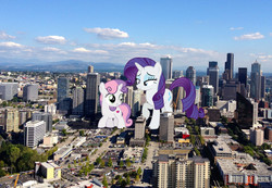 Size: 2138x1480 | Tagged: safe, artist:aethon056, artist:dashiesparkle, artist:theotterpony, rarity, sweetie belle, pony, g4, cutie mark, giant unicorn, giantess, highrise ponies, irl, macro, mega giant, mega rarity, mega sweetie belle, photo, ponies in real life, seattle, the cmc's cutie marks, vector