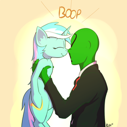 Size: 1200x1200 | Tagged: safe, artist:cheshiresdesires, lyra heartstrings, oc, oc:anon, human, pony, unicorn, g4, boop, cute, duo, eyes closed, gradient background, holding, holding a pony, noseboop, smiling