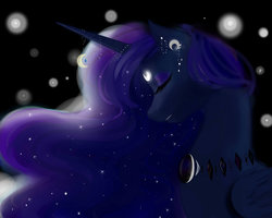 Size: 1024x819 | Tagged: safe, artist:varshacoro, princess luna, pony, g4, ear piercing, earring, eyes closed, female, horn, horn jewelry, jewelry, necklace, piercing, solo, stars