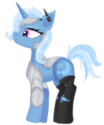 Size: 808x973 | Tagged: safe, artist:evescintilla, trixie, pony, unicorn, g4, armor, clothes, ear piercing, female, mare, piercing, simple background, stockings, wip