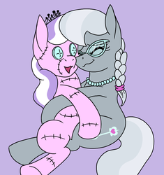 Size: 803x853 | Tagged: safe, artist:keboponda, diamond tiara, silver spoon, pony, g4, 30 minute art challenge, cute, eyes closed, female, plushie, purple background, simple background, snuggling, solo