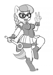 Size: 1280x1826 | Tagged: safe, artist:pabbley, silver spoon, earth pony, anthro, unguligrade anthro, g4, 30 minute art challenge, boots, braid, braided ponytail, clothes, compression shorts, female, glasses, grayscale, monochrome, open mouth, peace sign, pleated skirt, ponytail, shorts, skirt, solo
