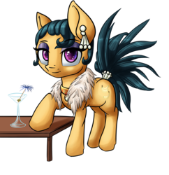Size: 2024x2092 | Tagged: dead source, safe, artist:itresad, cleopatra jazz, earth pony, pony, dungeons and discords, g4, glass, high res, looking at you, olive, simple background, smiling, solo, table, transparent background