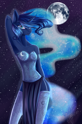 Size: 1990x3014 | Tagged: safe, artist:zefirayn, princess luna, alicorn, anthro, g4, armpits, breasts, cleavage, clothes, constellation, corset, eyelashes, female, garter belt, garters, lidded eyes, loincloth, looking at you, moon, night, skirt, sky, smiling, socks, solo, stars, stockings, thigh highs, wingless, wingless anthro, zettai ryouiki