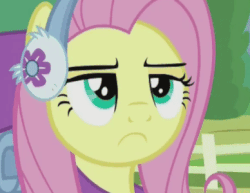 Size: 388x300 | Tagged: safe, screencap, fluttershy, pony, dungeons and discords, g4, animated, earmuffs, female, fluttershy is not amused, frown, gif, loop, raised eyebrow, reaction image, solo, unamused