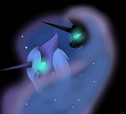 Size: 2605x2362 | Tagged: safe, artist:mimihappy99, nightmare moon, princess luna, g4, crying, duality, ethereal mane, floppy ears, glowing eyes, high res, s1 luna, starry mane