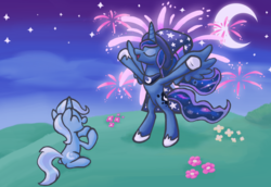 Size: 1175x810 | Tagged: safe, artist:metax-z, princess luna, trixie, pony, g4, accessory swap, bipedal, eyes closed, fireworks, moon, night, open mouth