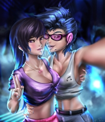 Size: 862x995 | Tagged: safe, artist:sunset tide, dj pon-3, octavia melody, vinyl scratch, human, g4, armpits, belly button, breasts, cleavage, clothes, female, glasses, headset, humanized, midriff, nail polish, peace sign, selfie, tank top