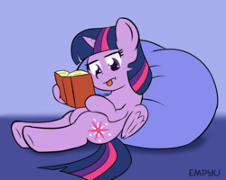 Size: 1000x800 | Tagged: safe, artist:empyu, twilight sparkle, alicorn, pony, g4, :p, book, bookhorse, female, pillow, reading, solo, that pony sure does love books, tongue out, twilight sparkle (alicorn)
