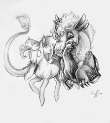 Size: 2121x2376 | Tagged: safe, artist:vindhov, oc, oc only, oc:angel, oc:curtain call, draconequus, hybrid, pony, unicorn, adopted offspring, colt, duo, grayscale, high res, interspecies offspring, male, monochrome, offspring, parent:discord, parent:fluttershy, parent:ponet, parent:queen chrysalis, parents:discolis, parents:ponetshy, step brothers