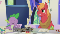 Size: 1284x720 | Tagged: safe, screencap, big macintosh, spike, earth pony, pony, dungeons and discords, g4, male, meme, stallion, youtube caption