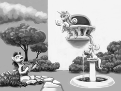 Size: 2000x1500 | Tagged: safe, artist:da-exile, princess cadance, shining armor, alicorn, pony, unicorn, g4, balcony, eyes closed, female, fountain, grayscale, lute, male, mare, missing cutie mark, monochrome, musical instrument, newbie artist training grounds, serenade, ship:shiningcadance, shipping, singing, stallion, straight