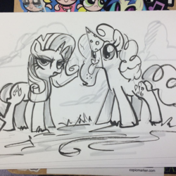 Size: 597x596 | Tagged: safe, artist:sararichard, pinkie pie, rarity, g4, hat, monochrome, party hat, tongue out, traditional art, unamused