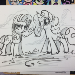 Size: 597x596 | Tagged: safe, artist:sara richard, pinkie pie, rarity, g4, hat, monochrome, party hat, tongue out, traditional art, unamused