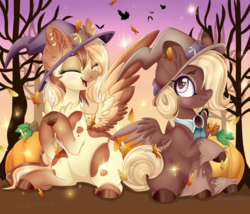 Size: 1024x878 | Tagged: safe, artist:pvrii, oc, oc only, oc:elixir ripple, oc:heavenly hazelnut, pegasus, pony, food, hat, pumpkin, witch hat