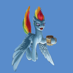 Size: 1000x1000 | Tagged: safe, artist:da-exile, rainbow dash, g4, cider, female, flying, mug, newbie artist training grounds, simple background, solo