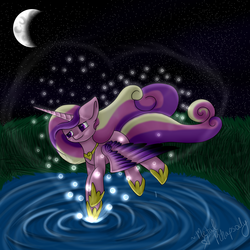 Size: 4500x4500 | Tagged: safe, artist:zombiecupcake101, princess cadance, alicorn, pony, g4, absurd resolution, female, flying, hoof shoes, mare, moon, night, ripple, solo, water