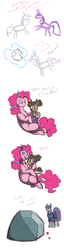 Size: 2480x9648 | Tagged: safe, artist:vindhov, boulder (g4), maud pie, pinkie pie, rarity, tom, twilight sparkle, oc, oc:sulphur pie, earth pony, pony, g4, book, comic, female, filly, heart, magic, mother and daughter, offspring, parent:pinkie pie, parent:trouble shoes, parents:trouble pie, reading, shipping, simple background, stick figure, story time, white background