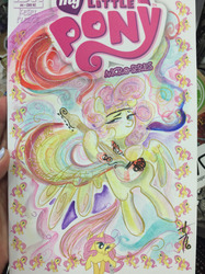 Size: 1280x1707 | Tagged: safe, artist:sara richard, idw, official comic, fluttershy, pegasus, pony, g4, micro-series #4, my little pony micro-series, comic cover, cover, cover art, female, flying, guitar, irl, mare, photo, solo, traditional art, variant cover