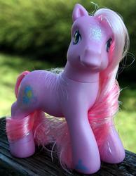 Size: 609x783 | Tagged: safe, photographer:lilcricketnoise, pinkie pie, earth pony, pony, g3, g4, female, glittery, irl, mare, outdoors, photo, solo, toy