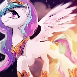 Size: 636x636 | Tagged: safe, artist:dirtytimi, princess celestia, alicorn, pony, g4, female, looking up, mare, peytral, smiling, solo, spread wings, three quarter view, wings