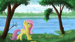 Size: 1280x720 | Tagged: safe, artist:ailynd, fluttershy, pegasus, pony, g4, female, folded wings, lake, looking away, scenery, solo, tree, walking