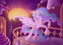 Size: 1800x1300 | Tagged: safe, artist:squididdle, princess celestia, g4, balcony, crepuscular rays, eyes closed, female, flying, solo, sunrise