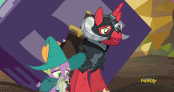 Size: 500x263 | Tagged: safe, screencap, big macintosh, discord, spike, draconequus, dragon, pony, unicorn, dungeons and discords, g4, animated, boo, dice, dungeons and dragons, gif, helmet, horned helmet, male, ogres and oubliettes, race swap, sir mcbiggen, stallion, unicorn big mac