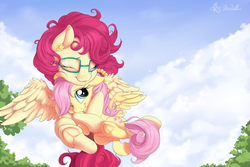 Size: 4500x3000 | Tagged: safe, artist:nobody47, fluttershy, posey shy, pegasus, pony, g4, cloud, cute, duo, ear piercing, earring, eyes closed, female, filly, filly fluttershy, floating, glasses, high res, hug, jewelry, mare, mother and daughter, one eye closed, outdoors, piercing, shyabetes, sky, smiling, spread wings, tree, underhoof, weapons-grade cute, wings